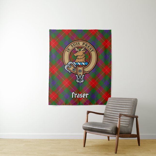 Clan Fraser of Lovat Crest over Tartan Tapestry (In Situ)