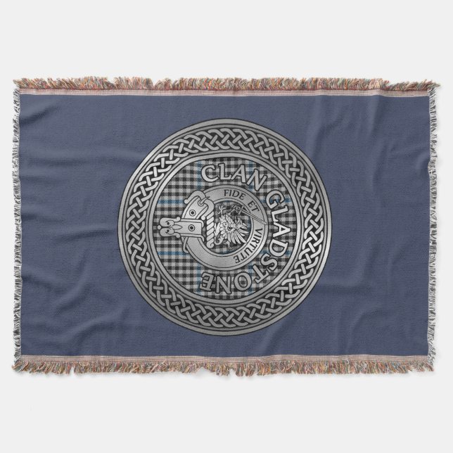 Clan Gladstone Crest & Tartan Knot Throw Blanket (Front)