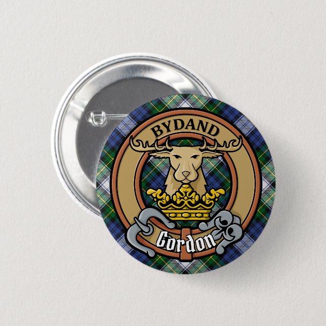 Clan Gordon Crest over Dress Tartan 2 Inch Round Button (Front & Back)