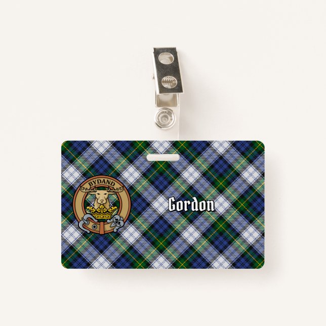 Clan Gordon Crest over Dress Tartan Badge (Front with Clip)