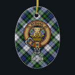 Clan Gordon Crest over Dress Tartan Ceramic Ornament<br><div class="desc">Clan Gordon crest badge surrounded by a strap and buckle over dress tartan background. Custom text on both sides.</div>