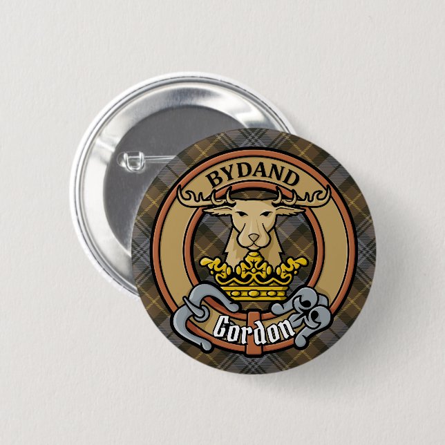 Clan Gordon Crest over Weathered Tartan 2 Inch Round Button (Front & Back)