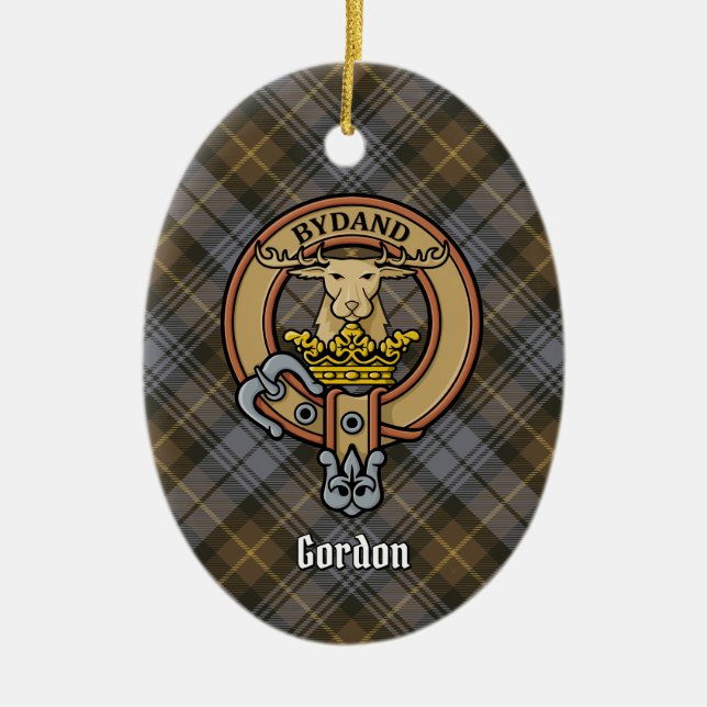 Clan Gordon Crest over Weathered Tartan Ceramic Ornament (Front)