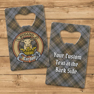 Clan Gordon Crest over Weathered Tartan Credit Card Bottle Opener