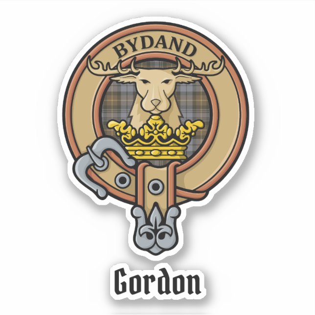 Clan Gordon Crest over Weathered Tartan Sticker (Front)