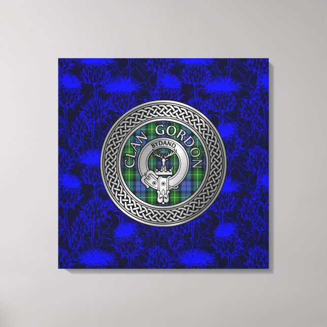 Clan Gordon Crest & Tartan Knot on Thistle Canvas Print (Front)