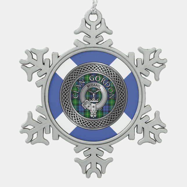 Clan Gordon Crest & Tartan Knot Snowflake Pewter Christmas Ornament (Front)