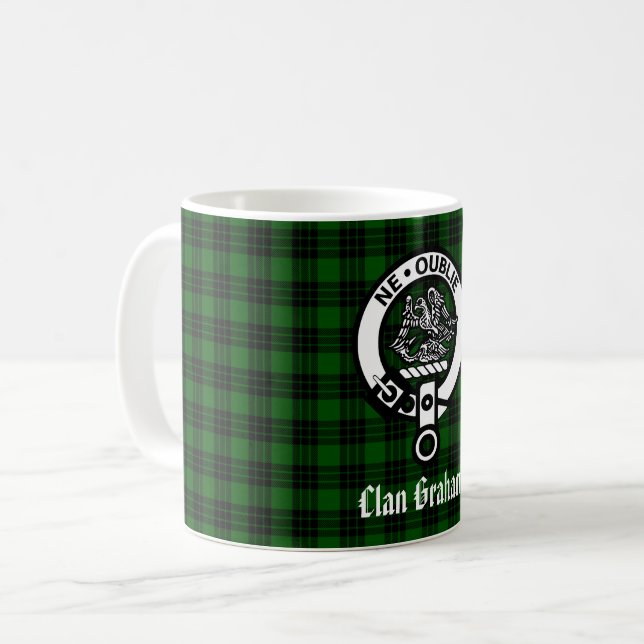Clan Graham Crest Badge and Tartan Coffee Mug (Front Left)