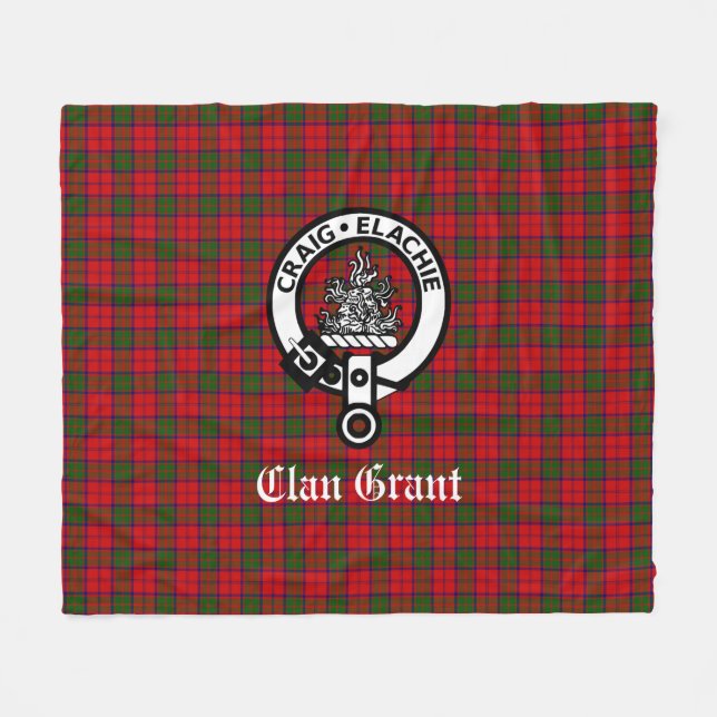 Clan Grant Crest Badge and Tartan Fleece Blanket (Front (Horizontal))