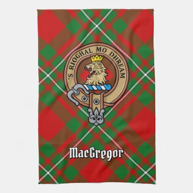 Clan Gregor Crest over Tartan Kitchen Towel (Vertical)