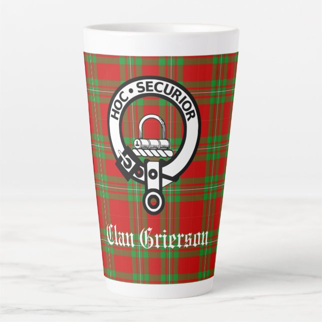 Clan Grierson Crest Badge & Tartan Latte Mug (Front)