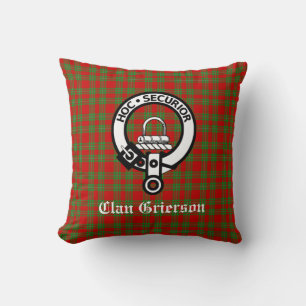 Clan Grierson Crest Badge & Tartan Throw Pillow