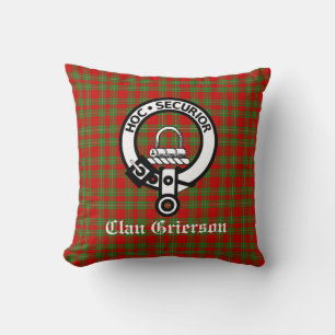 Clan Grierson Crest Badge & Tartan  Throw Pillow