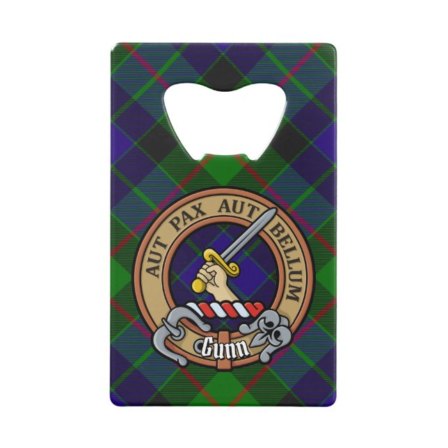 Clan Gunn Crest over Tartan Credit Card Bottle Opener (Front)