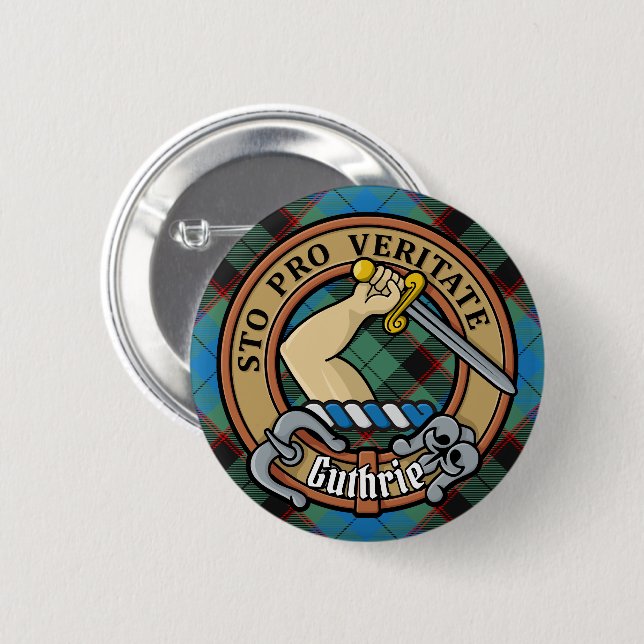 Clan Guthrie Crest over Tartan 2 Inch Round Button (Front & Back)