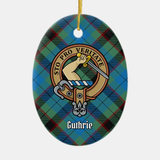 Clan Guthrie Crest over Tartan Ceramic Ornament (Front)