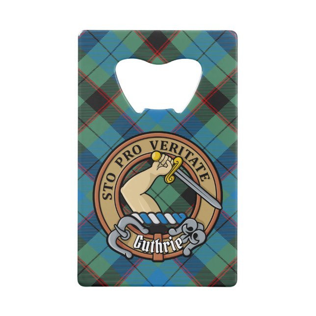 Clan Guthrie Crest over Tartan Credit Card Bottle Opener (Front)