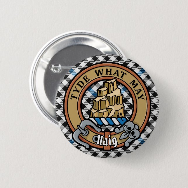 Clan Haig Crest over Check Tartan 2 Inch Round Button (Front & Back)