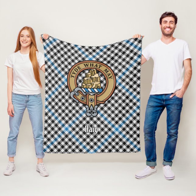 Clan Haig Crest over Check Tartan Fleece Blanket (In Situ)