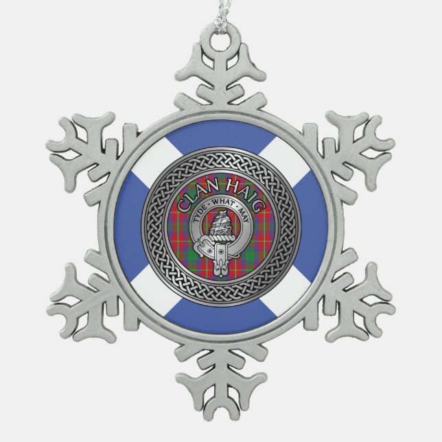 Clan Haig Crest & Tartan Knot Snowflake Pewter Christmas Ornament (Front)