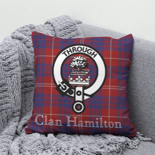 Clan Hamilton Crest and Tartan Throw Pillow