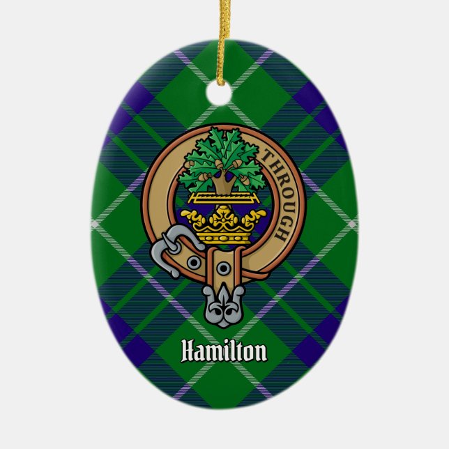 Clan Hamilton Crest over Hunting Tartan Ceramic Ornament (Front)