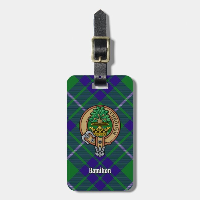 Clan Hamilton Crest over Hunting Tartan Luggage Tag (Front Vertical)