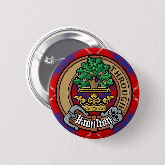 Clan Hamilton Crest over Red Tartan 2 Inch Round Button (Front & Back)