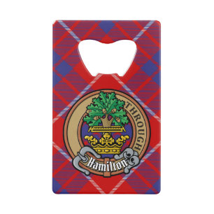 Clan Hamilton Crest over Red Tartan Credit Card Bottle Opener