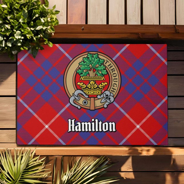 Clan Hamilton Crest over Red Tartan Doormat (Creator Uploaded)