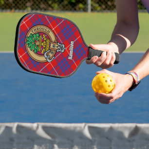 Clan Hamilton Crest over Red Tartan Keychain Pickleball Paddle