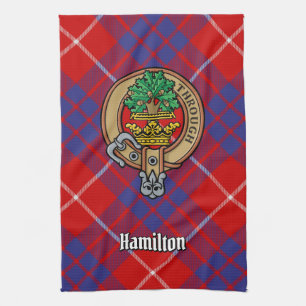 Clan Hamilton Crest over Red Tartan Kitchen Towel