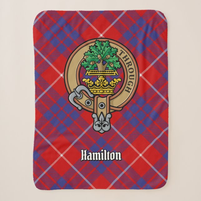 Clan Hamilton Crest over Red Tartan Sherpa Blanket (Front)