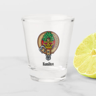 Clan Hamilton Crest over Red Tartan Shot Glass