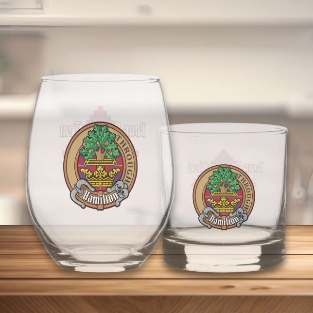 Clan Hamilton Crest over Red Tartan Whiskey Glass (Creator Uploaded)