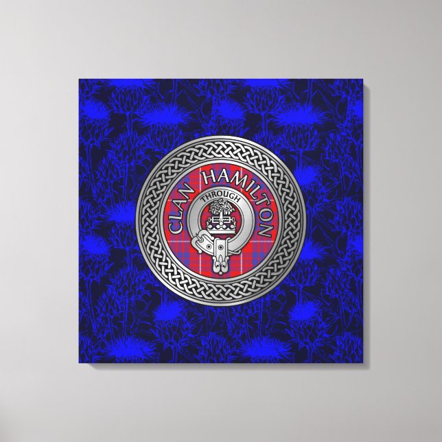 Clan Hamilton Crest & Tartan Knot on Thistle Canvas Print (Front)