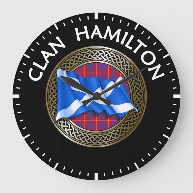 Clan Hamilton Tartan Knot & Flag Large Clock (Front)