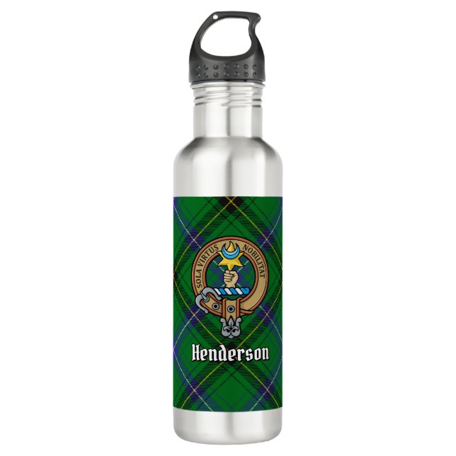 Clan Henderson Crest over Tartan 710 Ml Water Bottle (Front)
