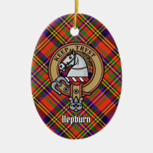 Clan Hepburn Crest over Tartan Ceramic Ornament