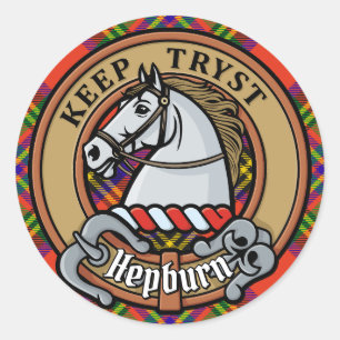 Clan Hepburn Crest over Tartan Classic Round Sticker