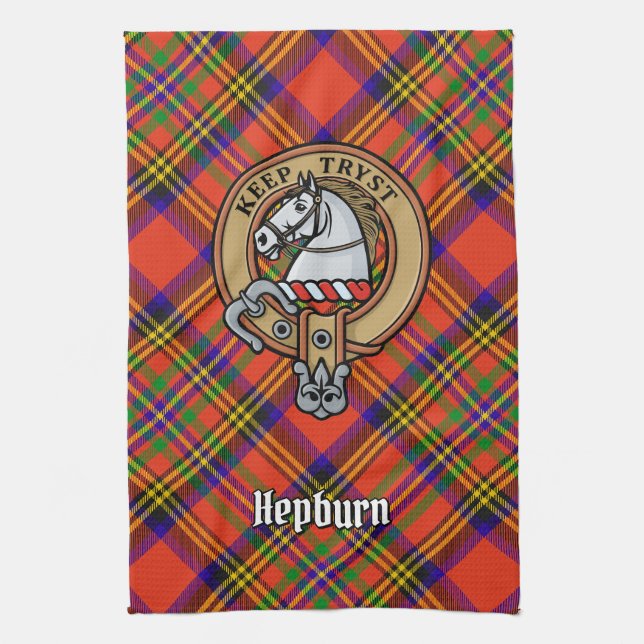 Clan Hepburn Crest over Tartan Kitchen Towel (Vertical)