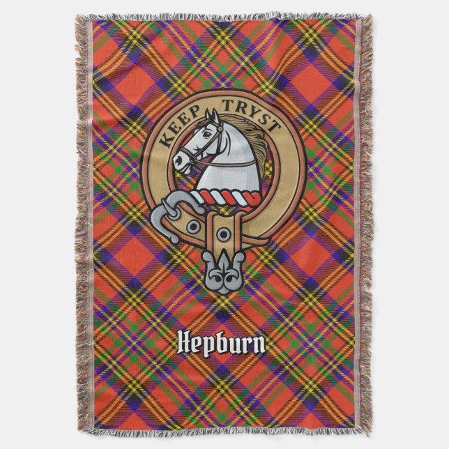 Clan Hepburn Crest over Tartan Throw Blanket (Front Vertical)