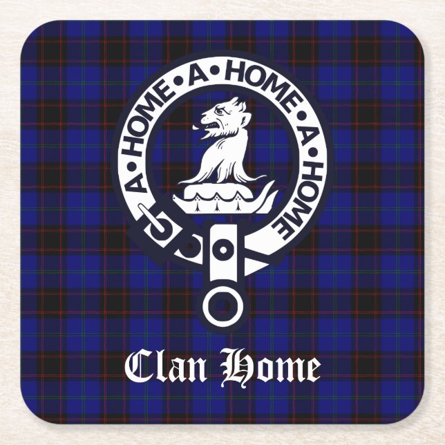 Clan Home Crest Badge and Tartan Square Paper Coaster (Front)