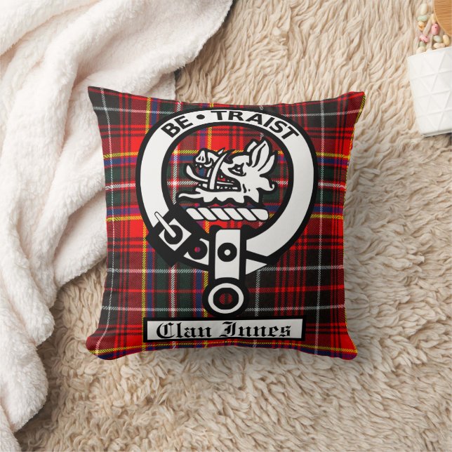 Clan Innes Crest Badge and Tartan Throw Pillow (Blanket)
