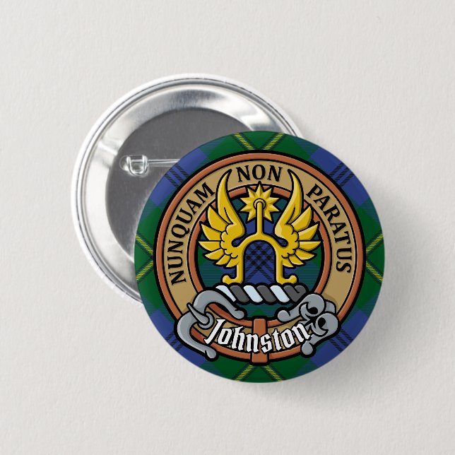 Clan Johnston Crest over Tartan 2 Inch Round Button (Front & Back)