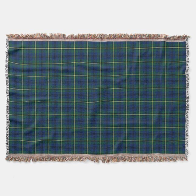 Clan Johnston Tartan Royal Blue and Green Plaid Throw Blanket (Front)