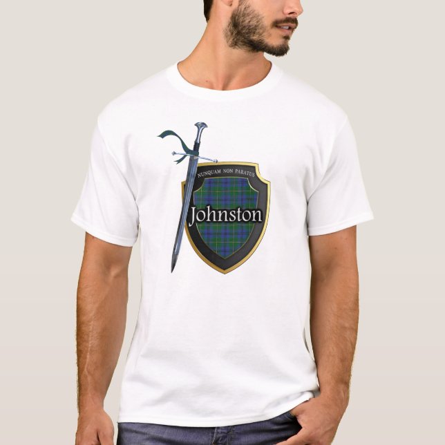 Clan Johnstone Johnston Tartan Shield & Sword T-Shirt (Front)