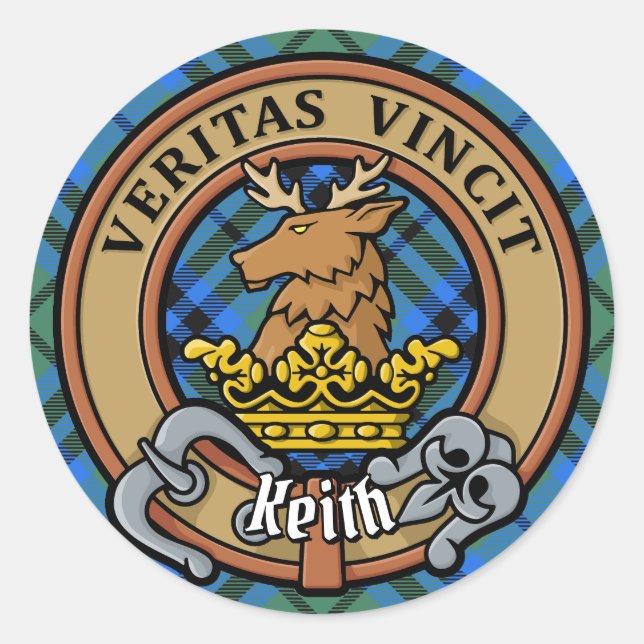 Clan Keith Crest over Tartan Classic Round Sticker (Front)