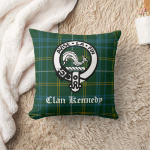 Clan Kennedy Crest Badge & Tartan Throw Pillow