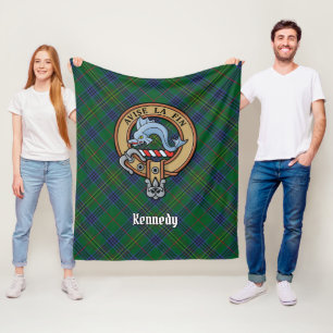 Clan Kennedy Crest over Tartan Fleece Blanket